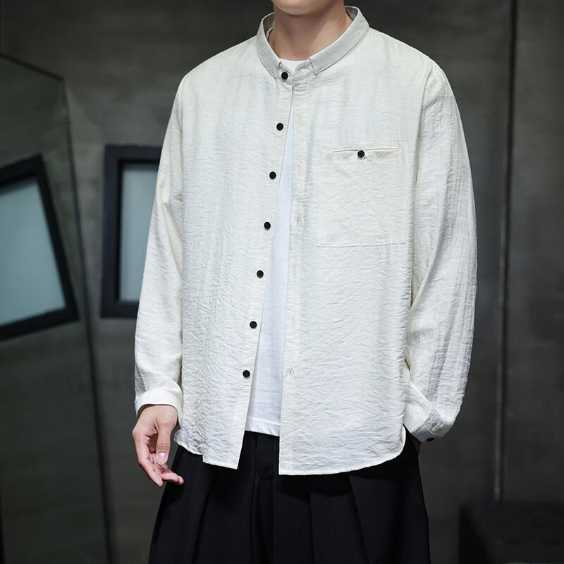 Buddha Stones春のメンズ 無地ボタンデザイン 長袖シャツ - 白 - US/UK/AU46、 EU56 (5XL) - image 6