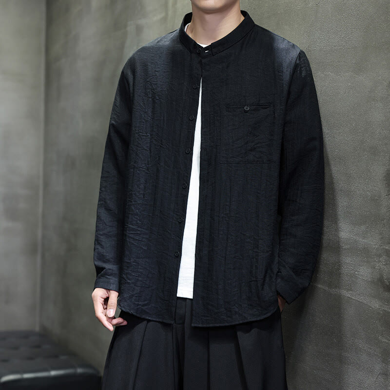 Buddha Stones春のメンズ 無地ボタンデザイン 長袖シャツ - image 2