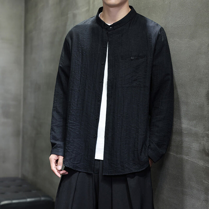 Buddha Stones春のメンズ 無地ボタンデザイン 長袖シャツ - image 2