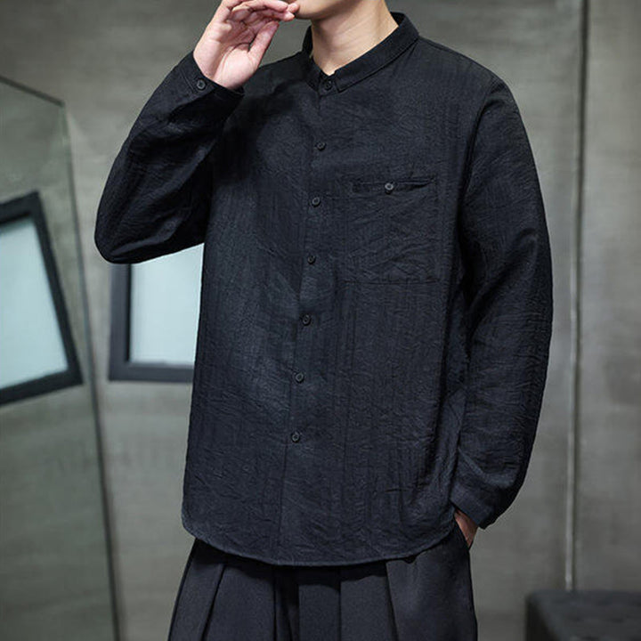 Buddha Stones春のメンズ 無地ボタンデザイン 長袖シャツ - image 5