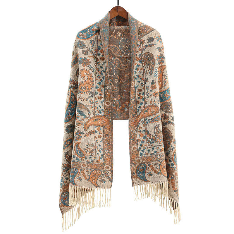 Buddha Stonesエスニック刺繍ペイズリー花柄タッセルソフトスカーフショール - パパイヤホイップ - image 8