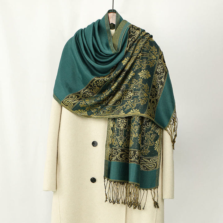 Buddha Stones春 ゴールデン カシューナッツ フラワー 幾何学模様 タッセル 心地よいスカーフ ショール - ダークシーグリーン - 172×70cm - image 3