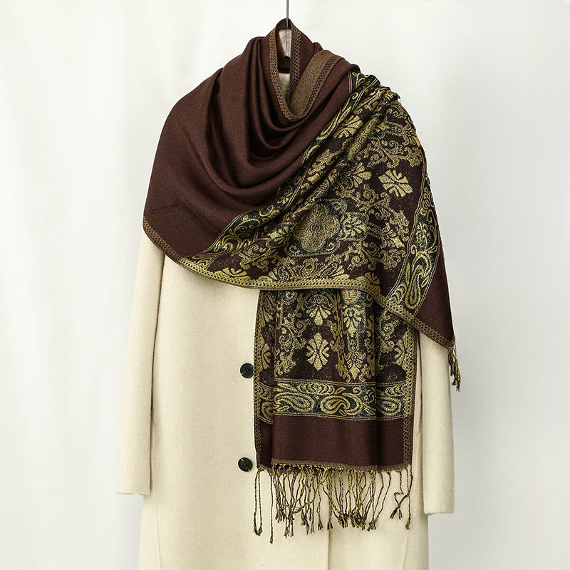 Buddha Stones春 ゴールデン カシューナッツ フラワー 幾何学模様 タッセル 心地よいスカーフ ショール - サドルブラウン - 172×70cm - image 0