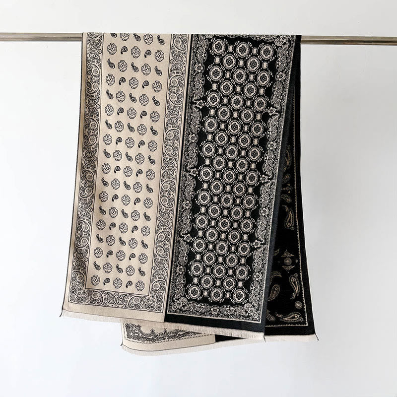 Buddha Stonesエスニック ペイズリー 幾何学 パッチワーク パターン タッセル ソフト サーマル 厚手 スカーフ ショール - 黒 - 186×66cm - image 5