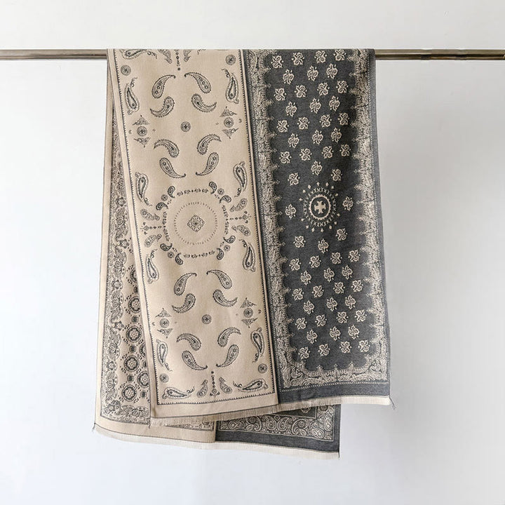 Buddha Stonesエスニック ペイズリー 幾何学 パッチワーク パターン タッセル ソフト サーマル 厚手 スカーフ ショール - グレー - 186×66cm - image 2