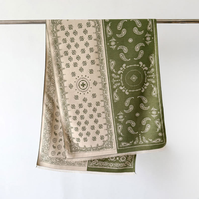 Buddha Stonesエスニック ペイズリー 幾何学 パッチワーク パターン タッセル ソフト サーマル 厚手 スカーフ ショール - オリーブドラブ - 186×66cm - image 12