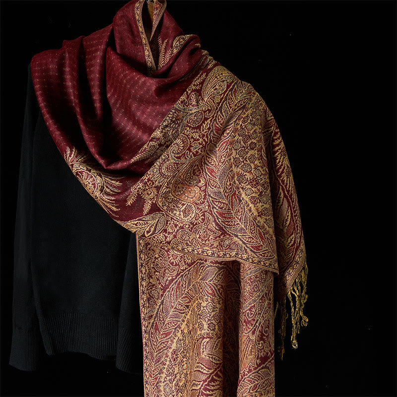 Buddha Stones春 長い葉 花柄 タッセル ソフト スカーフ ショール - インディアンレッド - 175×70cm - image 12