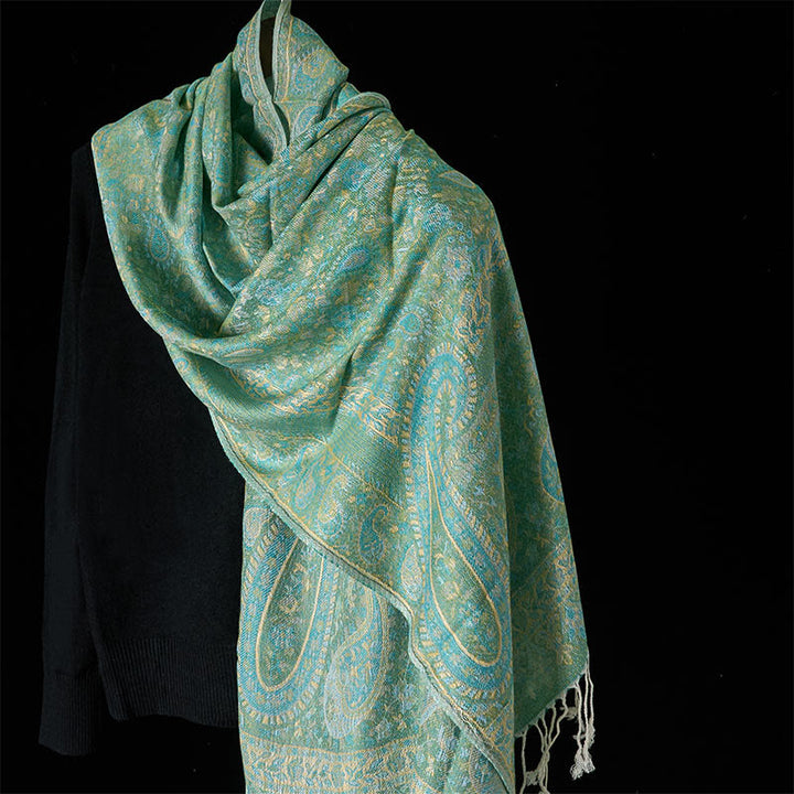 Buddha Stones春 グリーン カシューナッツフラワー 幾何学模様 ストライプ柄 タッセル 心地よいスカーフ ショール - ライトグリーン - 170×70cm - image 6