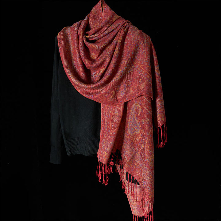 Buddha Stones春 赤 ピンク カシューフラワー 幾何学模様 ストライプ柄 タッセル 心地よいスカーフ ショール - image 2