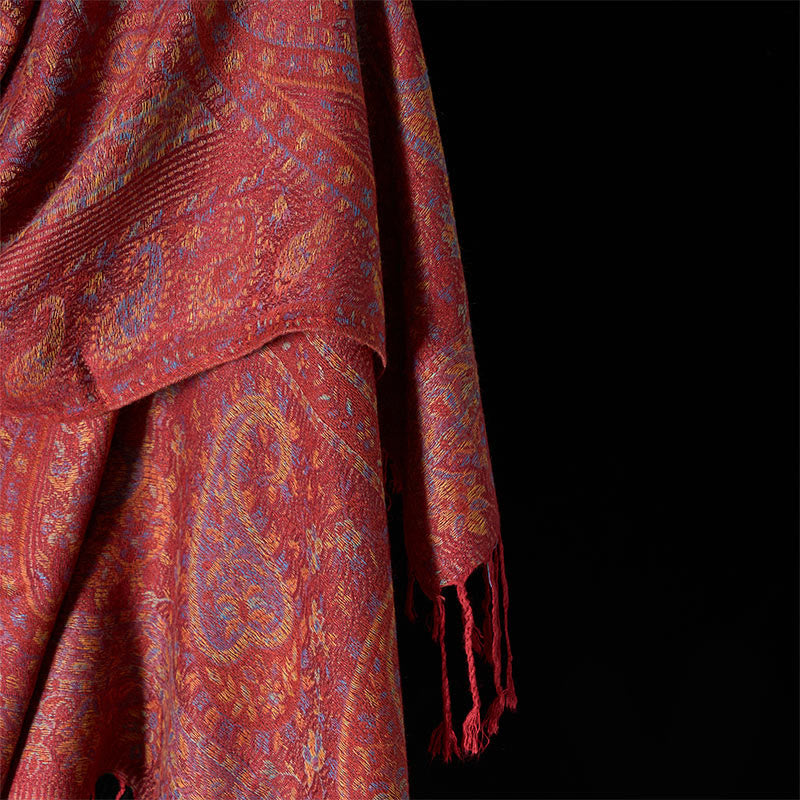 Buddha Stones春 赤 ピンク カシューフラワー 幾何学模様 ストライプ柄 タッセル 心地よいスカーフ ショール - image 4