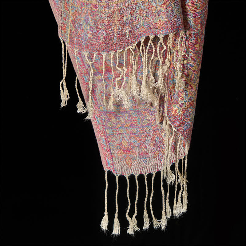 Buddha Stones春 赤 ピンク カシューフラワー 幾何学模様 ストライプ柄 タッセル 心地よいスカーフ ショール - image 10