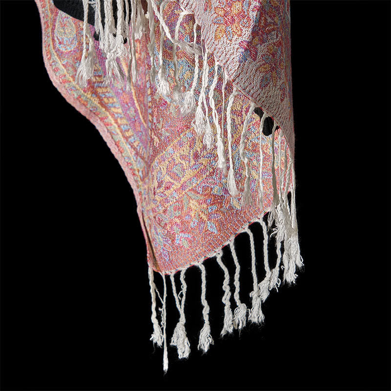 Buddha Stones春 ライトピンク ベージュ カシューフラワー 幾何学模様 ストライプ柄 タッセル 心地よいスカーフ ショール - image 5