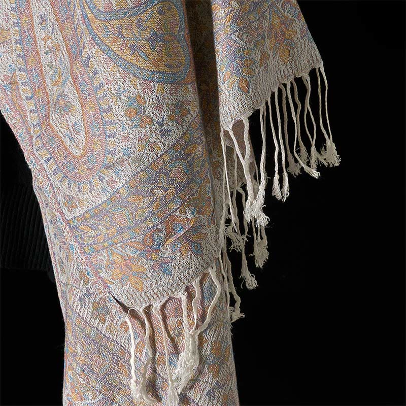 Buddha Stones春 ライトピンク ベージュ カシューフラワー 幾何学模様 ストライプ柄 タッセル 心地よいスカーフ ショール - image 11