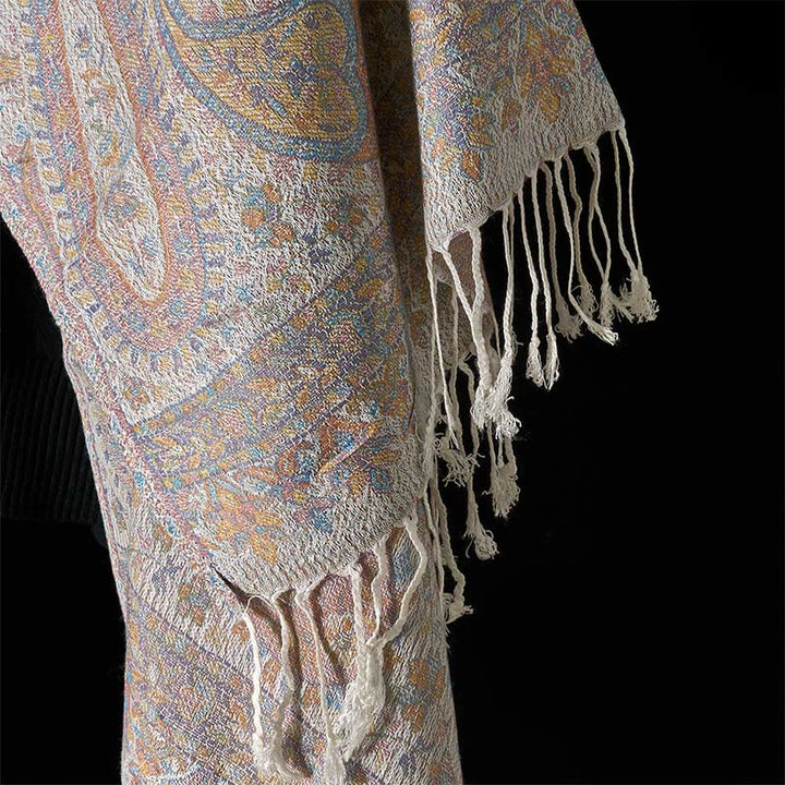 Buddha Stones春 ライトピンク ベージュ カシューフラワー 幾何学模様 ストライプ柄 タッセル 心地よいスカーフ ショール - image 11