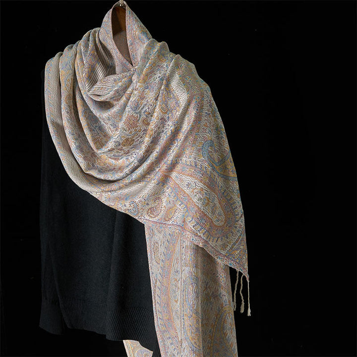 Buddha Stones春 ライトピンク ベージュ カシューフラワー 幾何学模様 ストライプ柄 タッセル 心地よいスカーフ ショール - ベージュ - 170×70cm - image 6