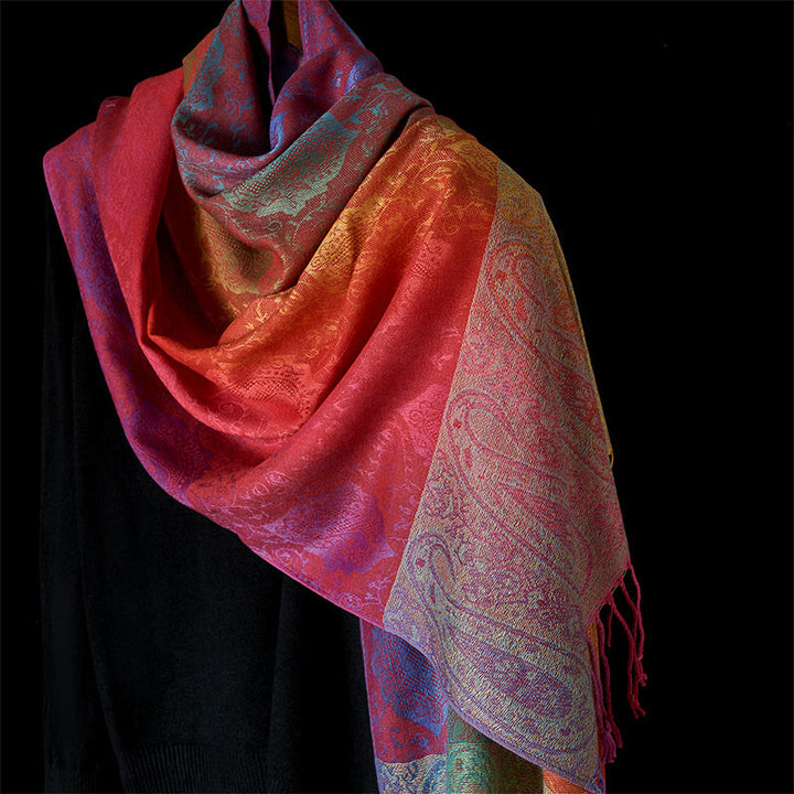 Buddha Stones春 カラフル グラデーション カシューフラワー 柄 タッセル コージー スカーフ ショール - サンディブラウン - 180cm - image 8