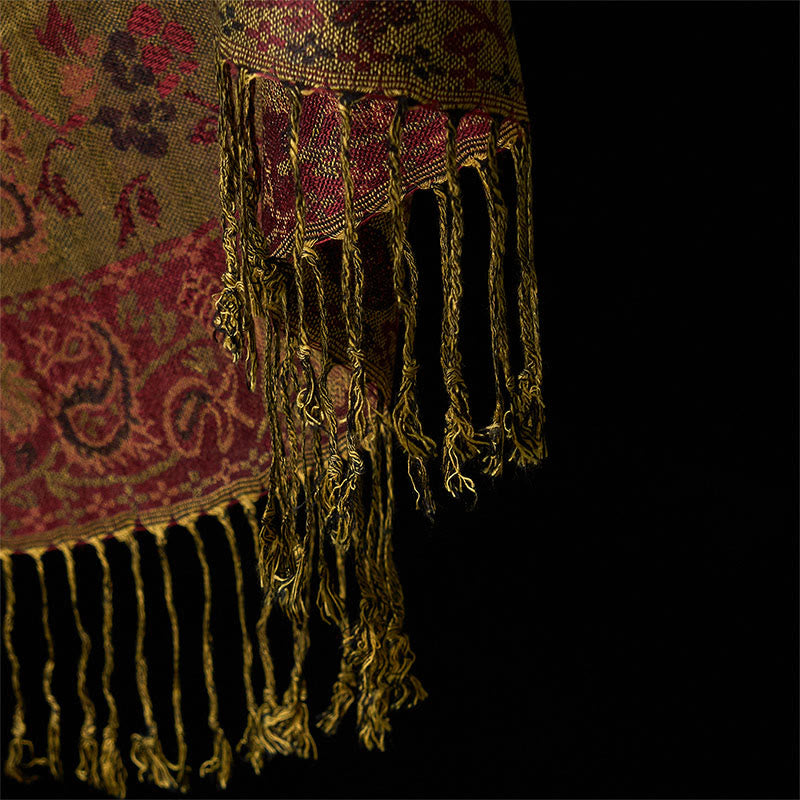 Buddha Stones春 ダークレッド カシューナッツフラワー 花柄 葉柄 タッセル ソフトスカーフ ショール - image 5