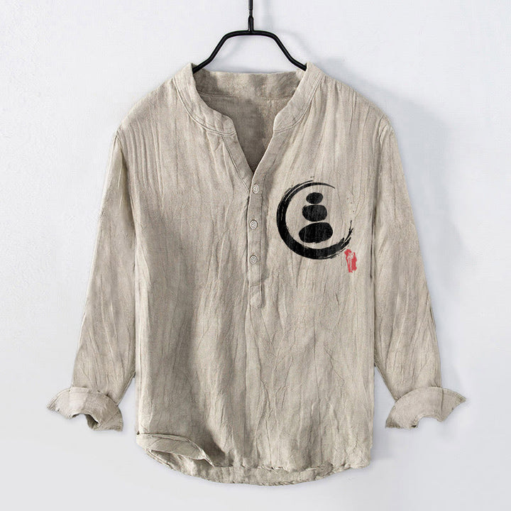 Buddha Stones禅石柄 ハーフボタン メンズ コットンリネン 長袖シャツ - リネン - US/UK/AU50、EU60 (5XL) - image 3