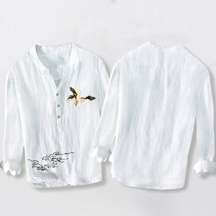 Buddha Stones、鶴、吉兆の雲模様、半ボタン、メンズコットンリネン長袖シャツ - image 8