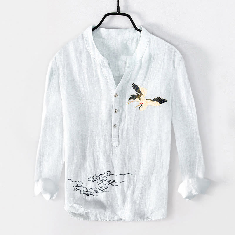 Buddha Stones、鶴、吉兆の雲模様、半ボタン、メンズコットンリネン長袖シャツ - 白 - US/UK/AU50、EU60 (5XL) - image 6