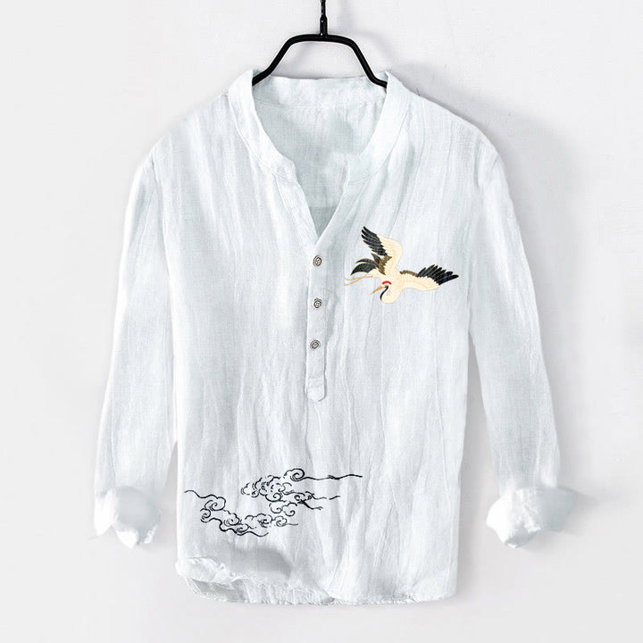 Buddha Stones、鶴、吉兆の雲模様、半ボタン、メンズコットンリネン長袖シャツ - 白 - US/UK/AU50、EU60 (5XL) - image 6