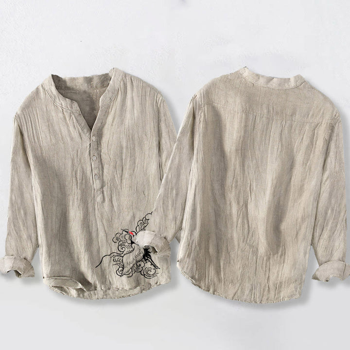 Buddha Stonesと丹頂鶴の雲模様の半ボタンメンズコットンリネン長袖シャツ - image 2