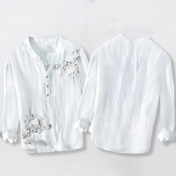 Buddha Stones、マグノリアの花、枝柄、ハーフボタン、メンズコットンリネン長袖シャツ - image 8