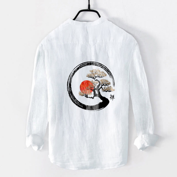 Buddha Stones、禅のキャラクター、松の木、太陽の模様。ハーフボタンのメンズコットンリネン長袖シャツ。 - image 8