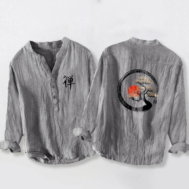 Buddha Stones、禅のキャラクター、松の木、太陽の模様。ハーフボタンのメンズコットンリネン長袖シャツ。 - グレー - US/UK/AU50、EU60 (5XL) - image 0
