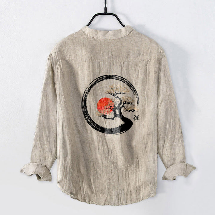 Buddha Stones、禅のキャラクター、松の木、太陽の模様。ハーフボタンのメンズコットンリネン長袖シャツ。 - image 5
