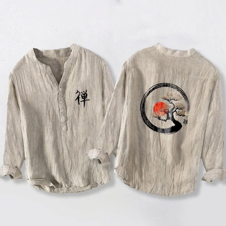 Buddha Stones、禅のキャラクター、松の木、太陽の模様。ハーフボタンのメンズコットンリネン長袖シャツ。 - リネン - US/UK/AU50、EU60 (5XL) - image 3