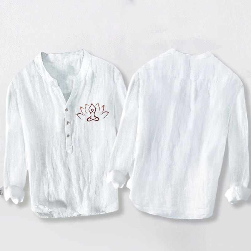 Buddha Stonesと蓮の瞑想図柄 ハーフボタン メンズ コットンリネン 長袖シャツ - image 8
