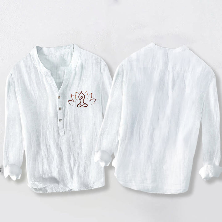 Buddha Stonesと蓮の瞑想図柄 ハーフボタン メンズ コットンリネン 長袖シャツ - image 8