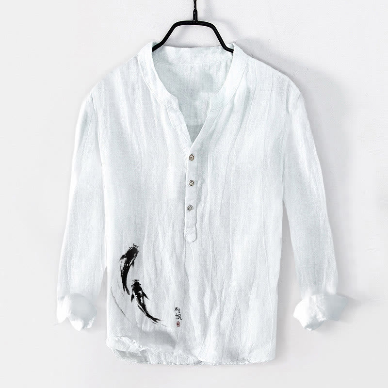 Buddha Stones鯉模様 ハーフボタン メンズ コットンリネン 長袖シャツ - 白 - US/UK/AU50、EU60 (5XL) - image 6