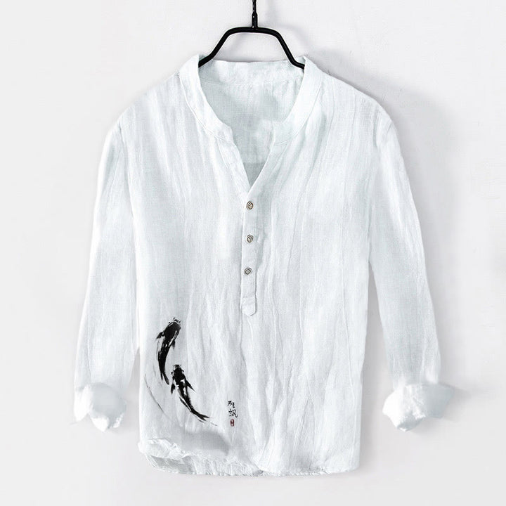 Buddha Stones鯉模様 ハーフボタン メンズ コットンリネン 長袖シャツ - 白 - US/UK/AU50、EU60 (5XL) - image 6