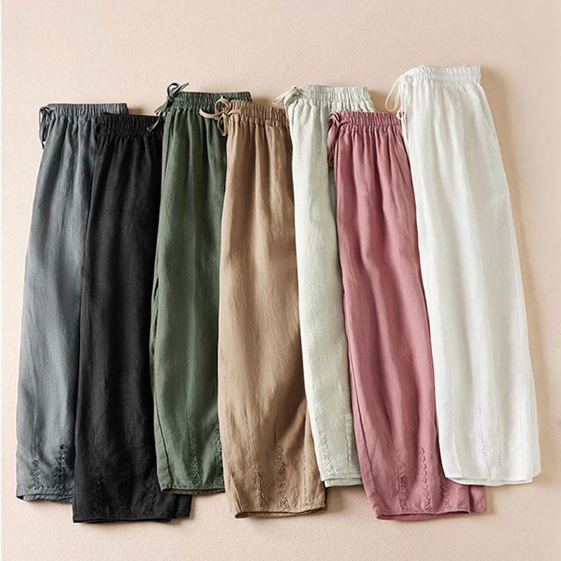 レディース ハーレムパンツ スモールフラワー刺繍 コットンリネン ポケット付き 夏用 Buddha Stones - image 1