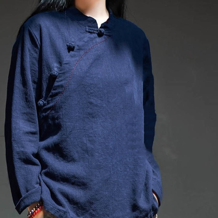 Buddha Stones斜め襟結びボタンゆったりリネン服 - image 16