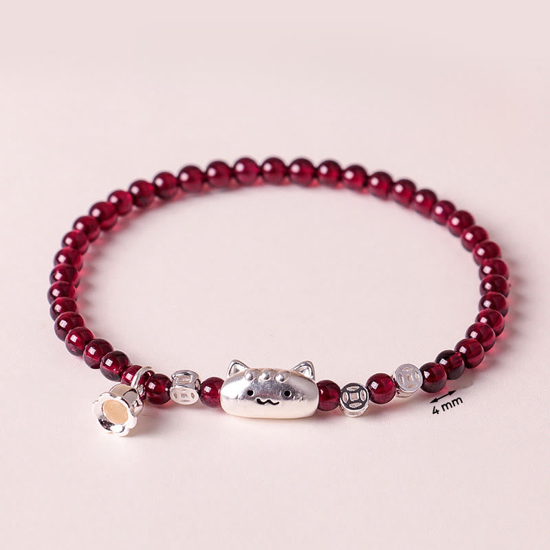 Buddha Stones 999スターリングシルバー 天然猫の頭モチーフガーネットプロテクションビーズブレスレット - image 3