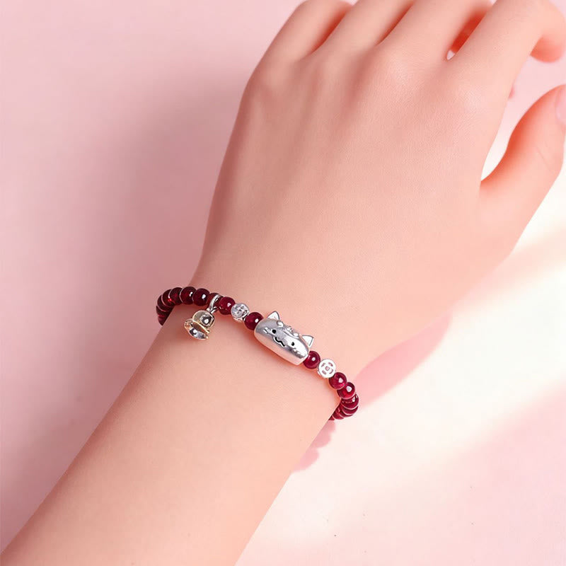 Buddha Stones 999スターリングシルバー 天然猫の頭モチーフガーネットプロテクションビーズブレスレット - image 6