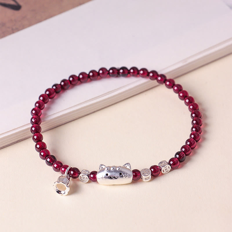 Buddha Stones 999スターリングシルバー 天然猫の頭モチーフガーネットプロテクションビーズブレスレット - image 2