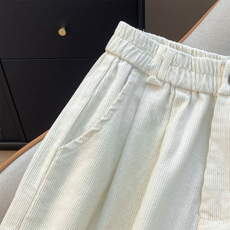 Buddha Stones無地 伸縮性ウエストバンドデザイン レディース ワイドレッグ コーデュロイ コットンパンツ ポケット付き - image 8