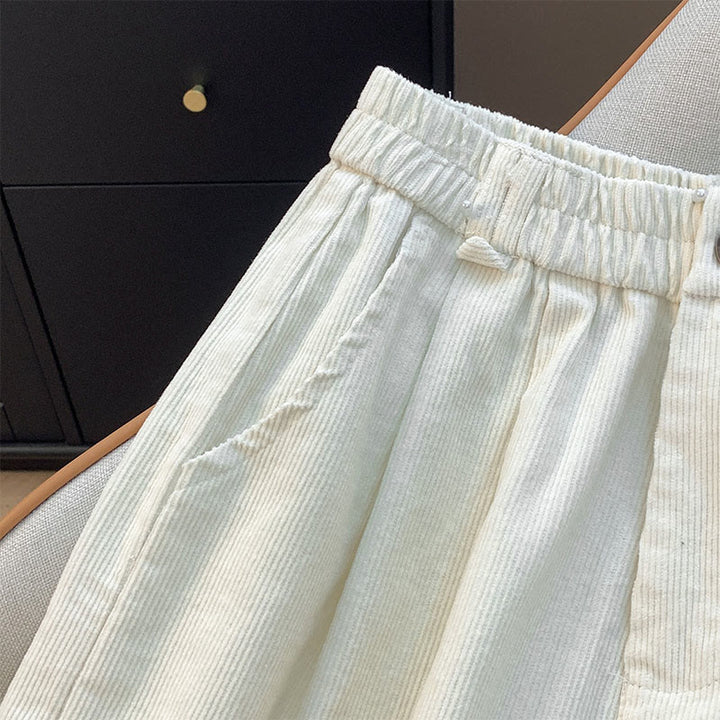 Buddha Stones無地 伸縮性ウエストバンドデザイン レディース ワイドレッグ コーデュロイ コットンパンツ ポケット付き - image 8