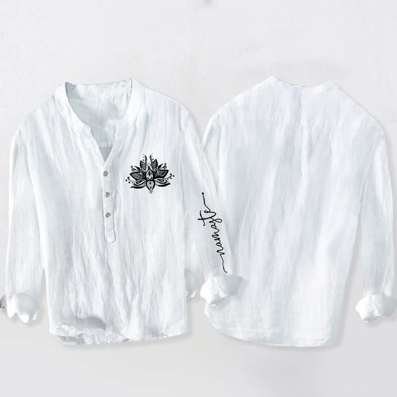 Buddha Stones蓮柄 ハーフボタン メンズ コットンリネン 長袖シャツ - image 8