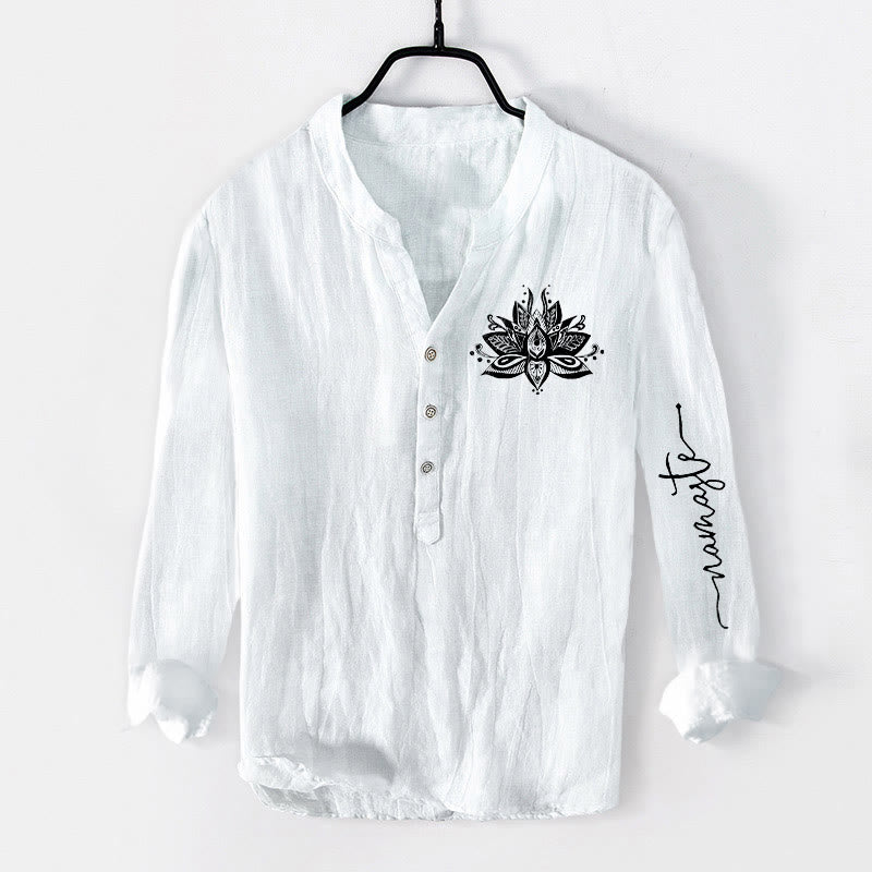 Buddha Stones蓮柄 ハーフボタン メンズ コットンリネン 長袖シャツ - 白 - US/UK/AU50、EU60 (5XL) - image 6