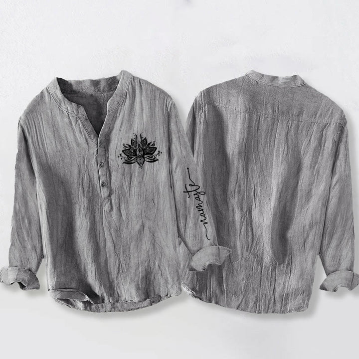 Buddha Stones蓮柄 ハーフボタン メンズ コットンリネン 長袖シャツ - image 5