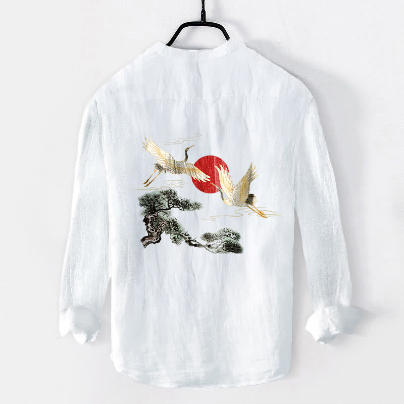 Buddha Stones、鶴、赤い太陽、松の木の模様、ハーフボタン、メンズコットンリネン長袖シャツ - image 8