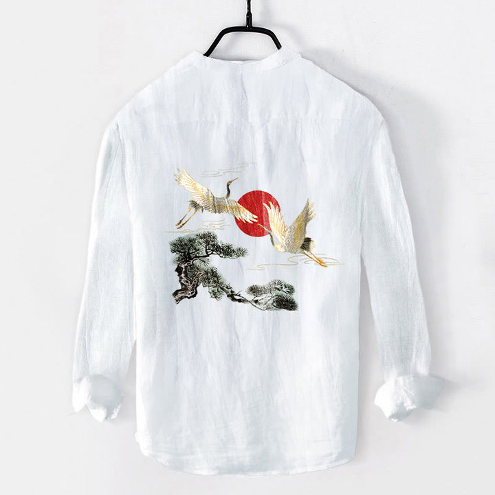 Buddha Stones、鶴、赤い太陽、松の木の模様、ハーフボタン、メンズコットンリネン長袖シャツ - image 8