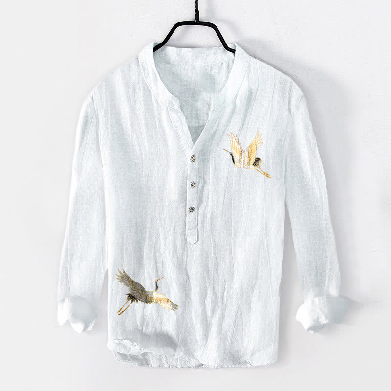 Buddha Stones、鶴、赤い太陽、松の木の模様、ハーフボタン、メンズコットンリネン長袖シャツ - image 7