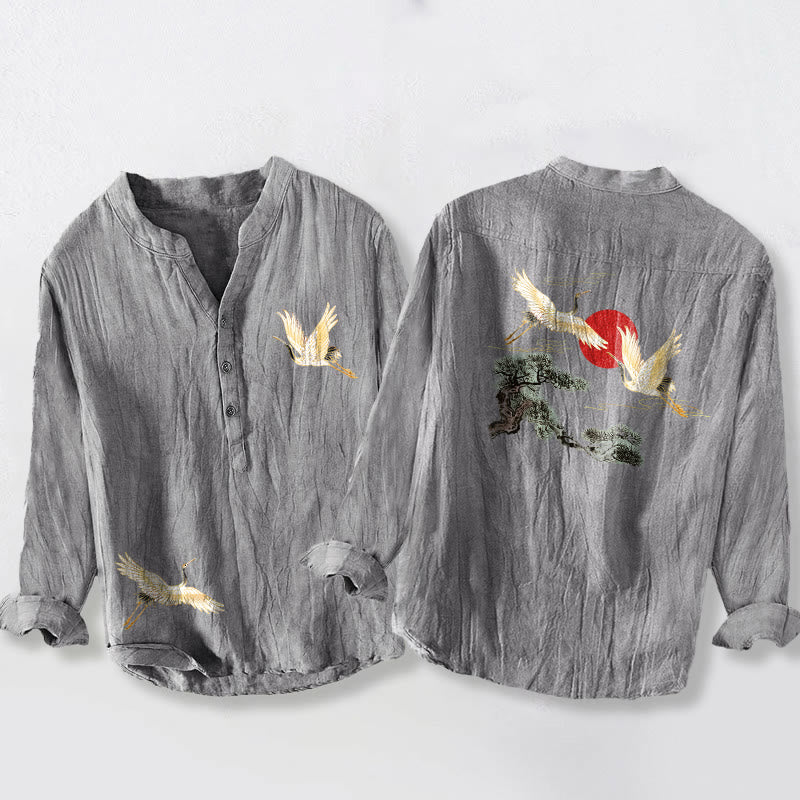 Buddha Stones、鶴、赤い太陽、松の木の模様、ハーフボタン、メンズコットンリネン長袖シャツ - グレー - US/UK/AU50、EU60 (5XL) - image 0