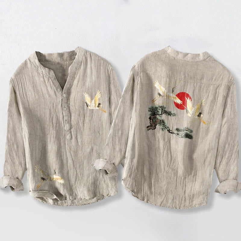 Buddha Stones、鶴、赤い太陽、松の木の模様、ハーフボタン、メンズコットンリネン長袖シャツ - リネン - US/UK/AU50、EU60 (5XL) - image 3